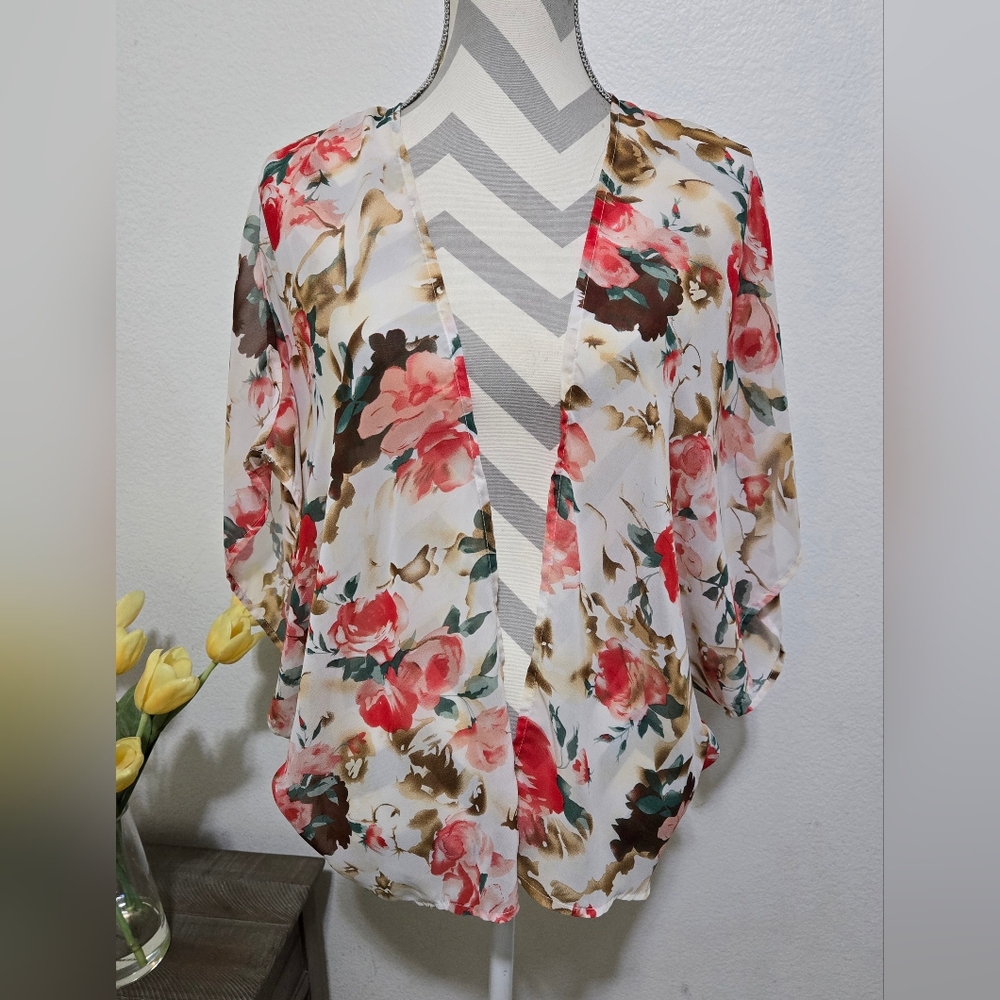 Ambiance Floral Kimono Coverup Semi Sheer White Red Green Brown